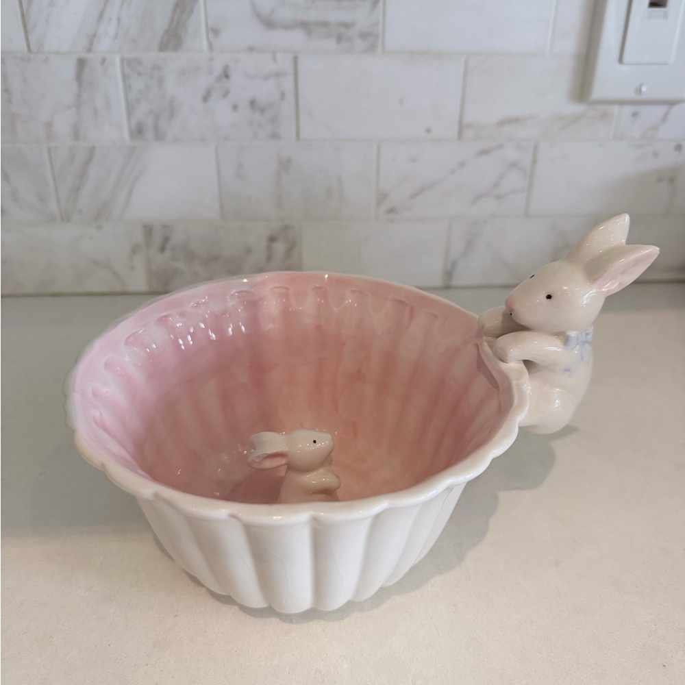 Pink and White Bunny / Easter Ceramic Bowl
